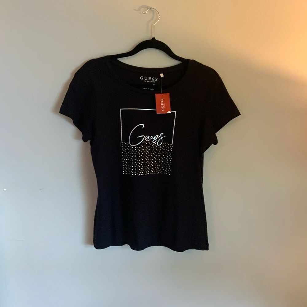 Guess Black Graphic Short Sleeve Crew neck Embellished NWT Tee Large - Picture 4 of 8